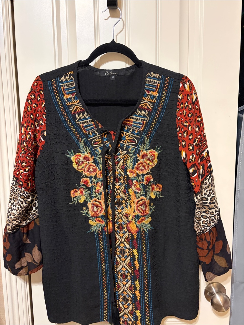 Caleoos - Embroidered Black Floral Boho Blouse